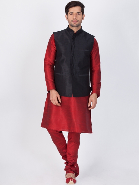 

VASTRAMAY Men Maroon & Black Solid Kurta with Churidar & Nehru Jacket