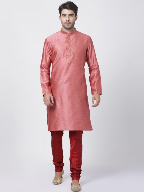 

VASTRAMAY Men Pink & Maroon Self Design Kurta with Churidar