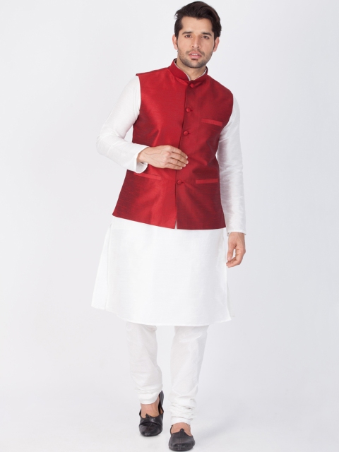 

VASTRAMAY Men White & Maroon Solid Kurta with Churidar & Nehru Jacket
