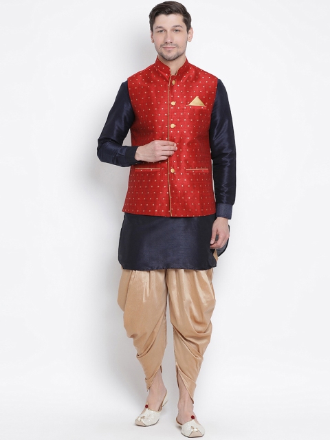 

VASTRAMAY Men Navy Blue & Rose Gold Self Design Kurta with Dhoti Pants & Nehru Jacket