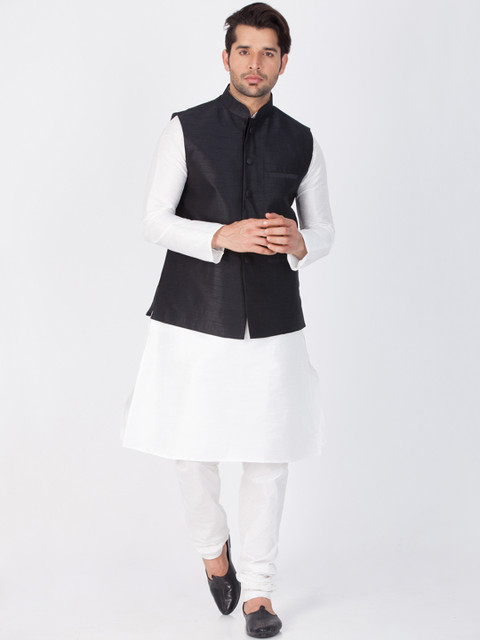 

VASTRAMAY Men White & Black Solid Kurta with Churidar & Nehru Jacket
