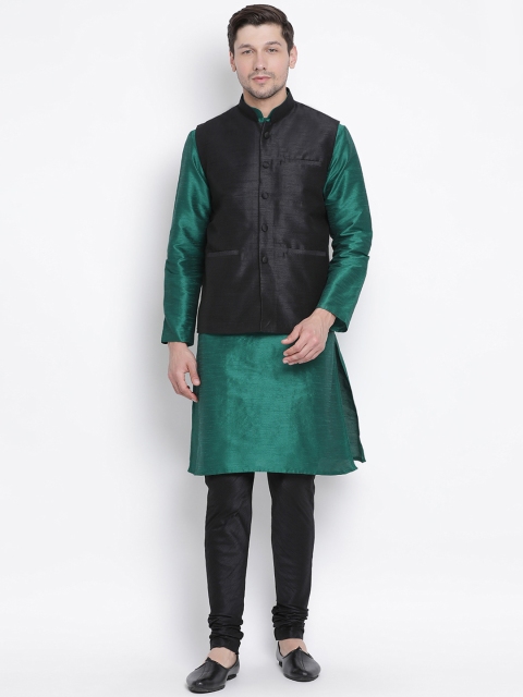 

VASTRAMAY Men Green & Black Solid Kurta with Churidar & Nehru Jacket