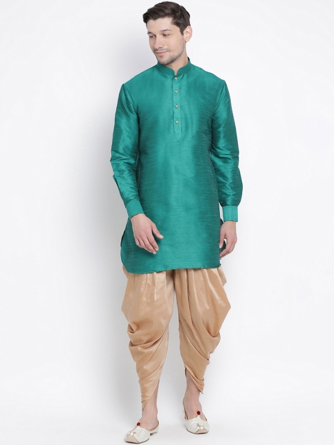 

VASTRAMAY Men Green & Gold-Coloured Solid Kurta with Dhoti Pants