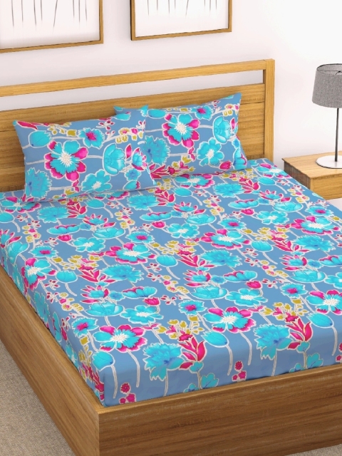 

URBAN SPACE Blue & Pink Floral 130 TC Cotton 1 Queen Bedsheet with 2 Pillow Covers