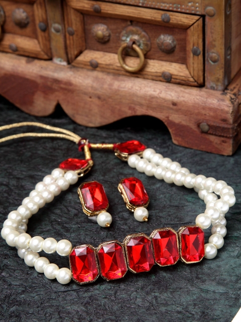 

ANIKAS CREATION Gold-Plated Red & White Crystal-Studded Handcrafted Pearl Jewellery Set