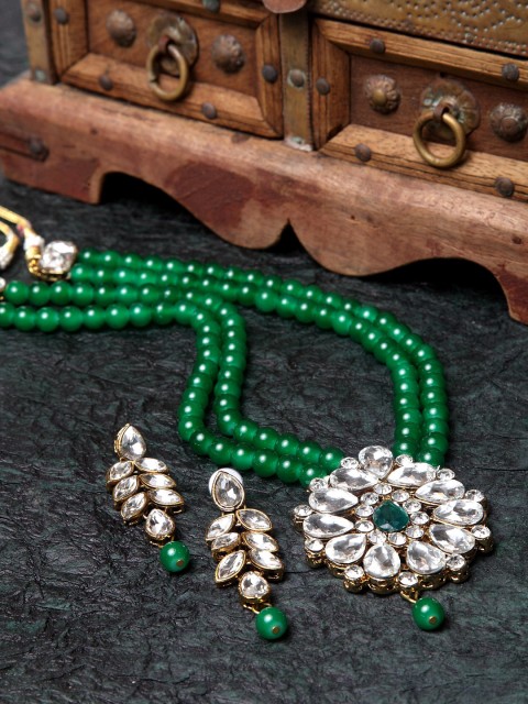 

ANIKAS CREATION Gold-Plated Green & White Crystal-Studded Beaded Handcrafted Jewellery Set