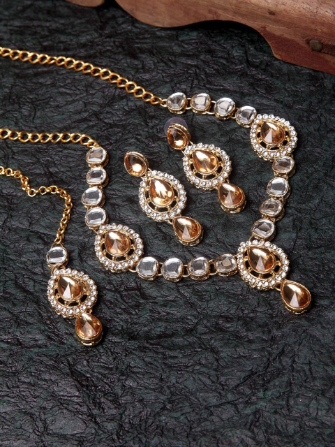 

ANIKAS CREATION Gold Plated Tan Brown & White Kundan Studded Handcrafted Jadau Jewellery Set
