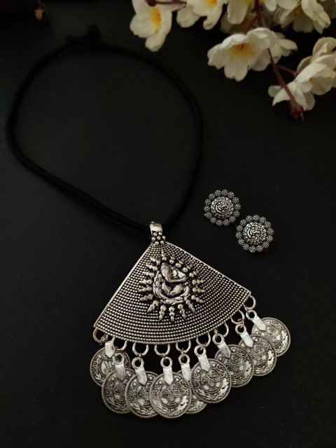 

Binnis Wardrobe Oxidized Black Silver-Plated Triangle Ganpati String Jewellery Set