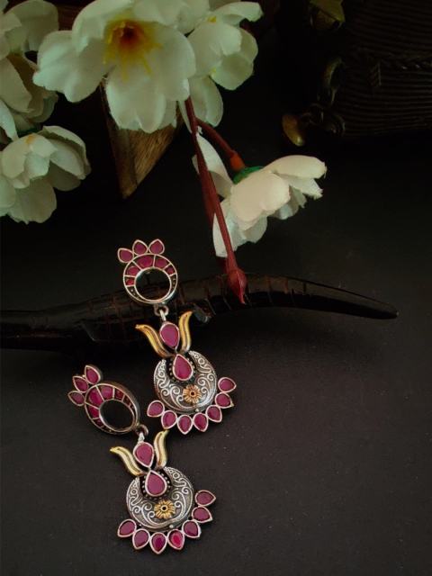 

Binnis Wardrobe Silver-Plated & Pink Oxidized Classic Drop Earrings