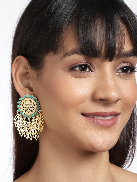 

Binnis Wardrobe Gold-Plated & Green Leaf Shaped Drop Earrings