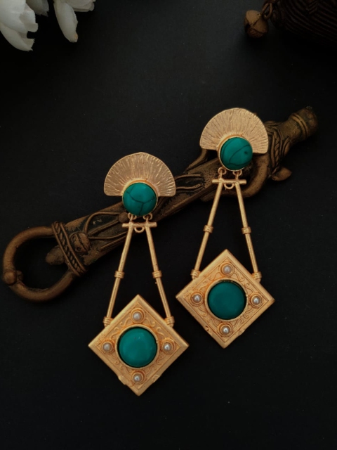 

Binnis Wardrobe Gold-Plated & Turquoise Blue Geometric Drop Earrings