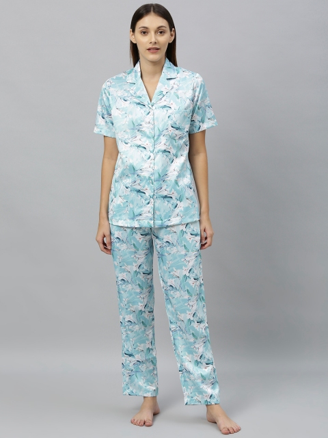 

DRAPE IN VOGUE Women Blue & White Floral Printed Night suit