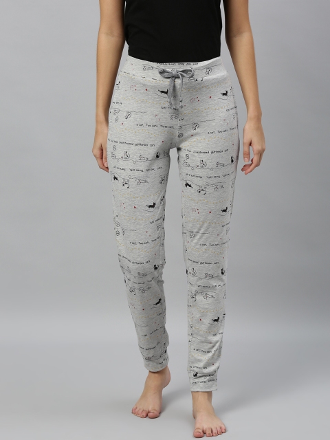 

DRAPE IN VOGUE Women Grey & Black Cat Printed Knitted Relaxed Fit Lounge Pants