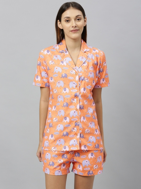 

DRAPE IN VOGUE Women Orange & Purple Elephant Print Night Suit Set