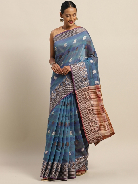 

SANGAM PRINTS Turquoise Blue & Brown Pure Cotton Woven Design Handloom Saree