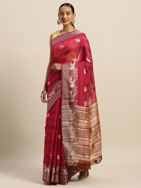 

SANGAM PRINTS Magenta Pink & Silver-Toned Pure Cotton Woven Design Saree