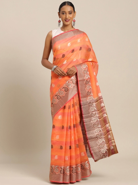 

SANGAM PRINTS Peach-Coloured & Brown Pure Cotton Woven Design Handloom Saree