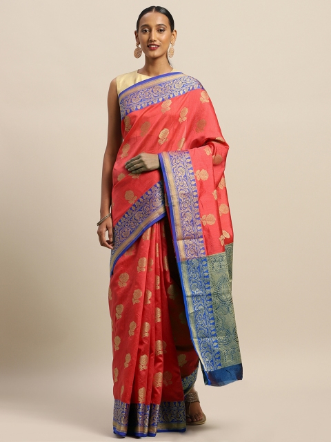 

SANGAM PRINTS Coral Red & Gold-Toned Pure Cotton Woven Design Handloom Saree
