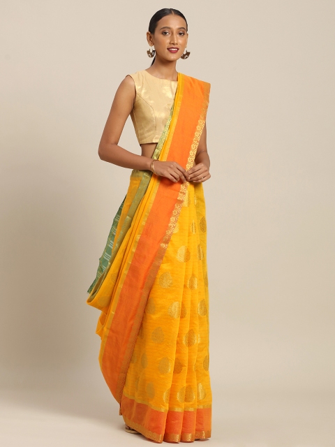 

SANGAM PRINTS Yellow & Orange Pure Cotton Woven Design Handloom Taant Saree