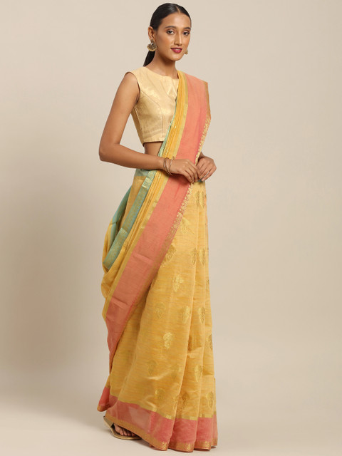 

SANGAM PRINTS Yellow & Pink Pure Cotton Woven Design Handloom Taant Saree