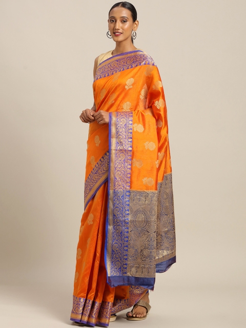 

SANGAM PRINTS Orange & Blue Pure Cotton Woven Design Handloom Saree