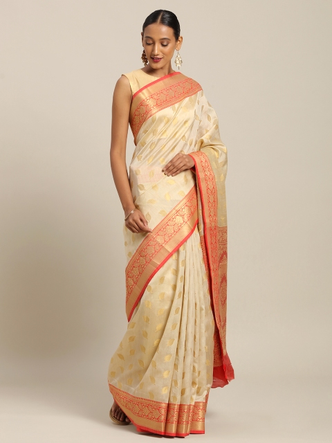 

SANGAM PRINTS Beige & Red Silk Cotton Woven Design Saree