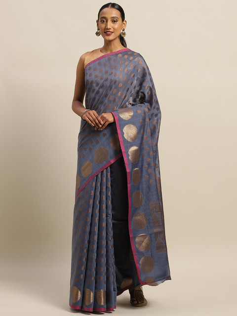 

SANGAM PRINTS Navy Blue & Gold-Toned Silk Cotton Woven Design Handloom Saree