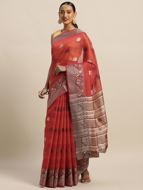 

SANGAM PRINTS Red & Gold-Toned Pure Cotton Woven Design Handloom Saree