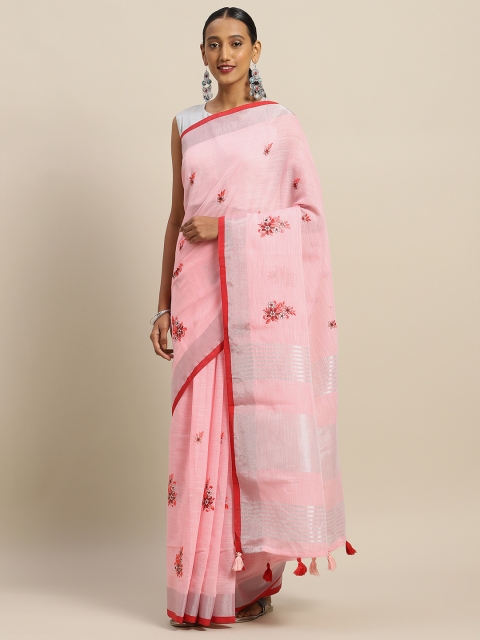 

SANGAM PRINTS Pink & Maroon Linen Blend Embroidered Kota Saree