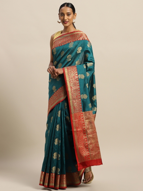 

SANGAM PRINTS Teal Green & Red Pure Cotton Woven Design Saree