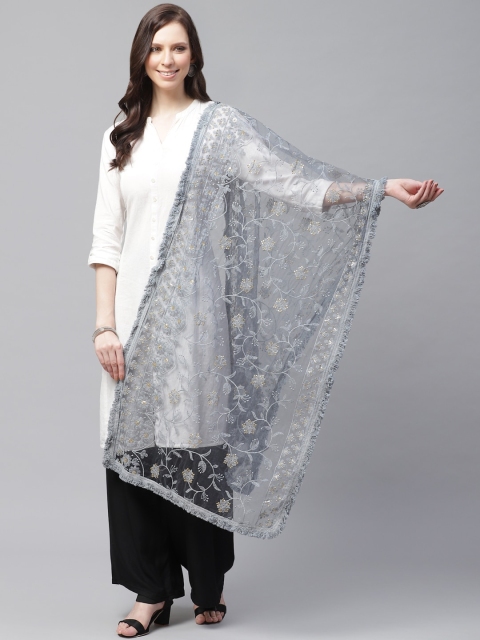 

SUTRAM Charcoal Grey & Silver Embroidered Dupatta