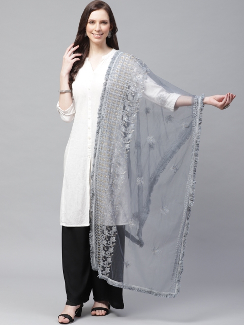 

SUTRAM Charcoal Grey Chikankari Embroidered Net Dupatta
