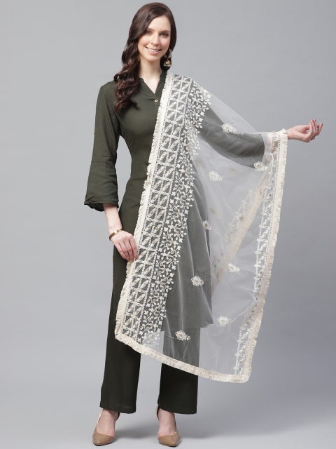 

SUTRAM Cream-Coloured Chikankari Embroidered Net Dupatta