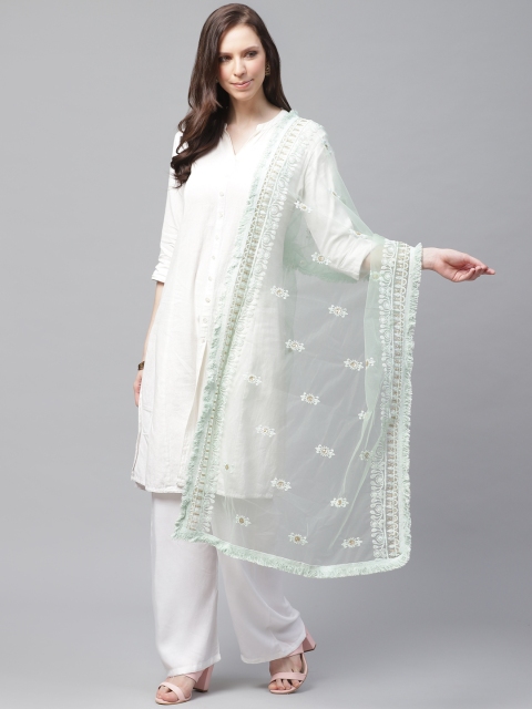 

SUTRAM Sea Green Chikankari Embroidered Net Dupatta