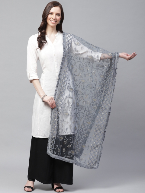 

SUTRAM Charcoal Grey Paisley Chikankari Embroidered Net Dupatta