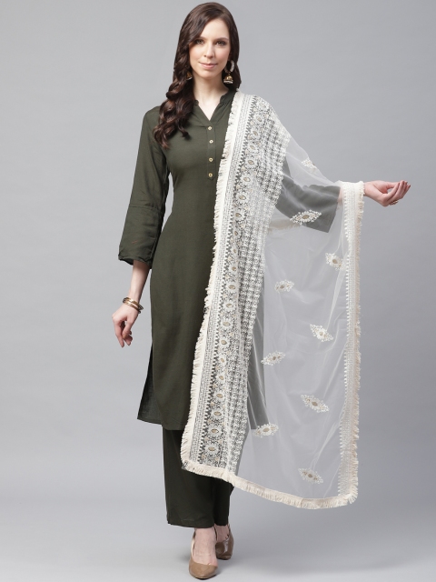 

SUTRAM Cream-Coloured Chikankari Embroidered Net Dupatta