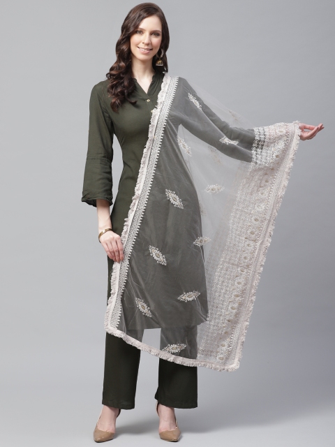 

SUTRAM Grey Chikankari Embroidered Net Dupatta