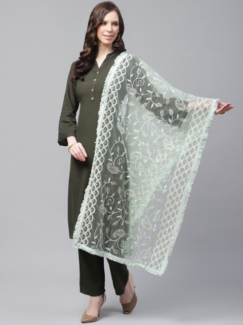 

SUTRAM Sea Green Paisley Chikankari Embroidered Net Dupatta