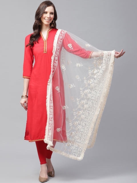 

SUTRAM Cream-Coloured Floral Chikankari Embroidered Net Dupatta