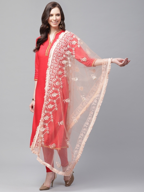 

SUTRAM Peach-Coloured Floral Chikankari Embroidered Net Dupatta