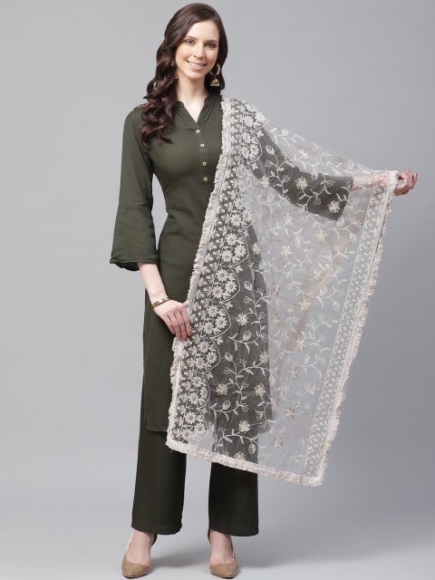 

SUTRAM Grey Floral Chikankari Embroidered Net Dupatta