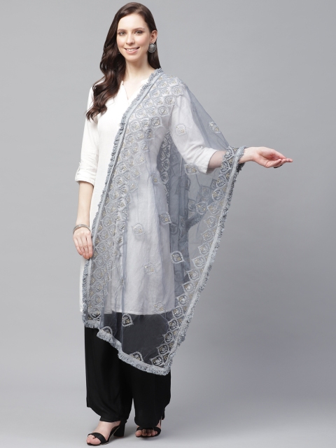 

SUTRAM Charcoal Grey Chikankari Embroidered Net Dupatta