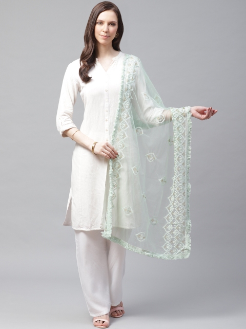 

SUTRAM Sea Green Chikankari Embroidered Net Dupatta