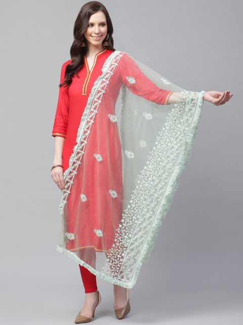 

SUTRAM Sea Green Chikankari Embroidered Net Dupatta