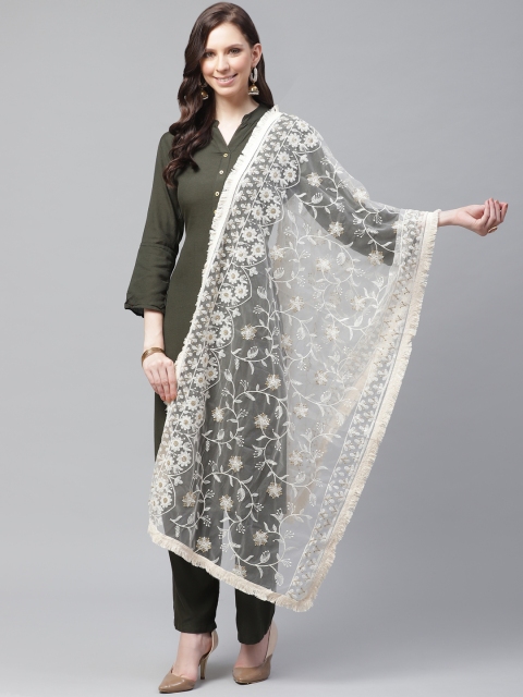 

SUTRAM Cream-Coloured Floral Chikankari Embroidered Net Dupatta