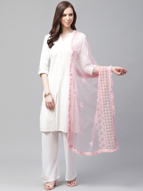 

SUTRAM Pink Chikankari Embroidered Net Dupatta