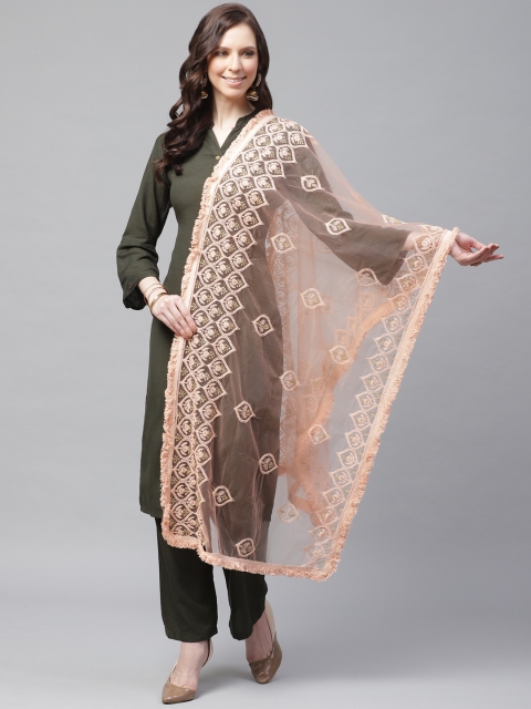 

SUTRAM Peach-Coloured Chikankari Embroidered Net Dupatta