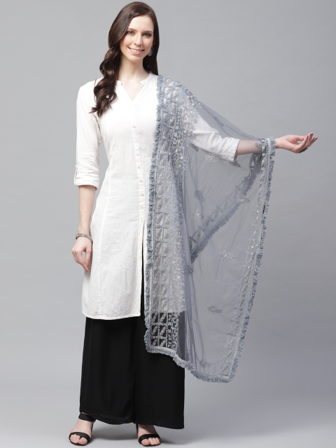 

SUTRAM Grey Chikankari Embroidered Net Dupatta