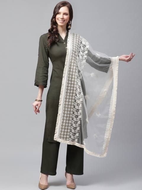 

SUTRAM Cream-Coloured Chikankari Embroidered Net Dupatta