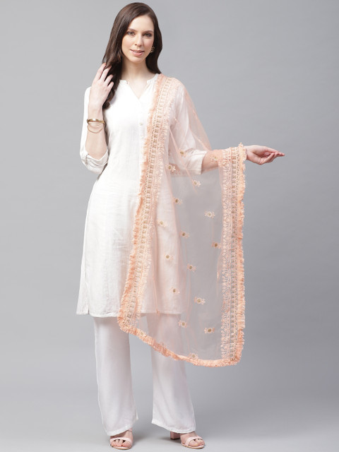 

SUTRAM Peach-Coloured Chikankari Embroidered Net Dupatta